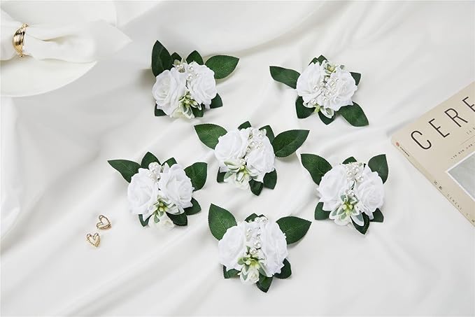 Meldel Prom Wrist Corsage and Boutonniere Set for Wedding, White Rose Boutonniere for Men Wedding, Wrist Flower for Bride Bridesmaid, Hand Flower for Wedding Ceremony Anniversary, Party, Homecoming