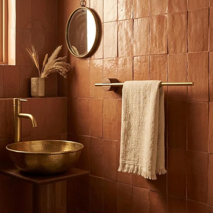 Towel Bar for Bathroom Wall, Towel Holder 20 Inch, Gold Aluminium, No Drill Adhesive or Screw Mount, Modern Minimalist Towel Rack, Kitchen & Bathroom, Wall Mounted, Wood-Look Base