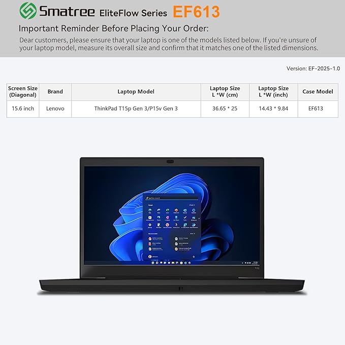 Smatree EliteFlow Laptop Sleeve Case for 15.6 inch Lenovo ThinkPad T15p/P15v Gen 3, Slim Protective Laptop Case with Accessory Pocket and Handle, Patented Super-Corner Shock Protection (EF613)
