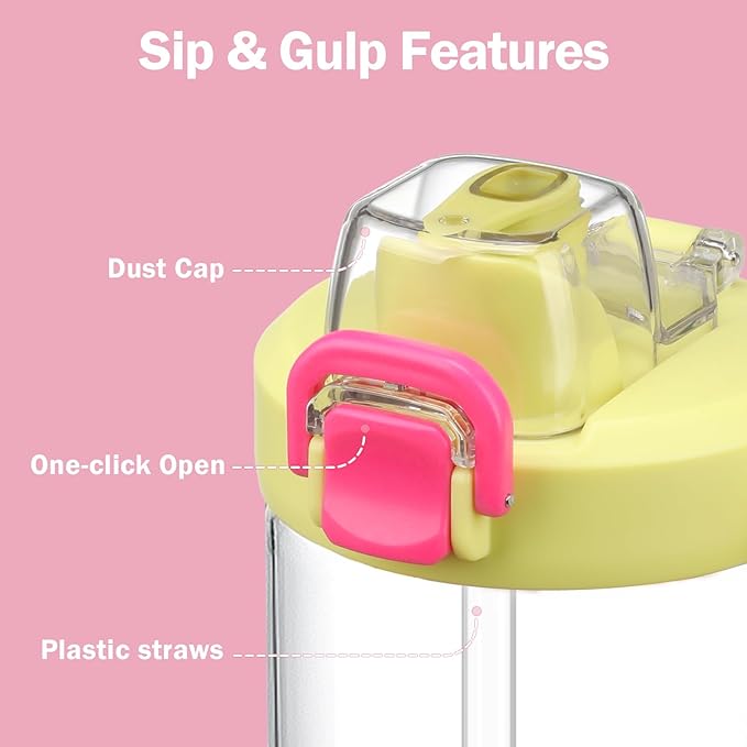 32oz Glass Water Bottle, 2-in-1 Straw and Sip Spout Lid, Leakproof Wide Mouth Tumbler with Handle, BPA-Free Reusable Bottle for Sports, Office, Outdoor, Bright Pink