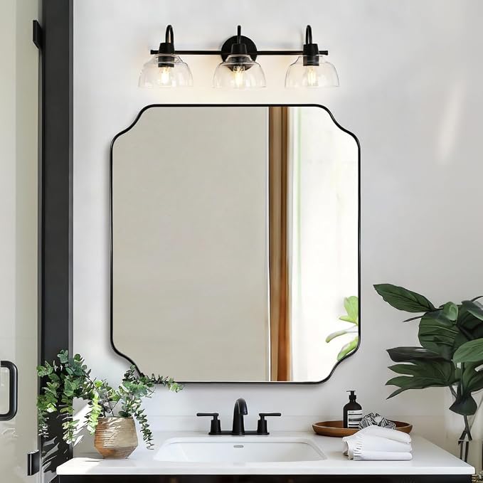 ANDY STAR 30x30 Inch Square Mirror, Matte Black Vanity Mirror, Modern Scalloped Bathroom Mirror in Premium Stainless Steel Metal Thin Frame, Unique Rounded Notched Corners