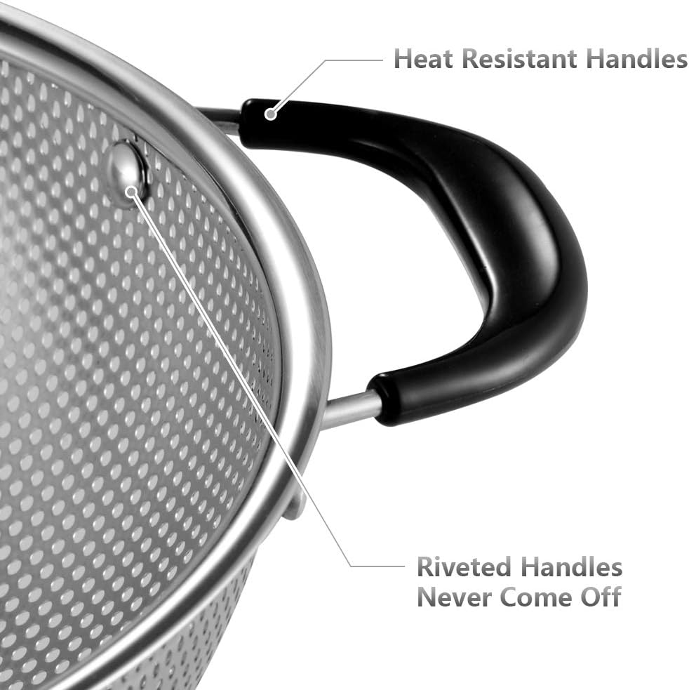 Tiawudi 5-Quart Stainless Steel Colander - Easy Grip Micro-Perforated Strainer with Heat-Resistant Handles