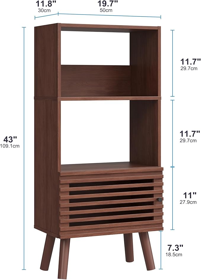 Small Bookcase, 43" H Open Shelf Cube Bookshelf with Slatted Door, Mid-Century Bookcase with 3 Cubes, Open Shelves Display Storage Cabinet for Living Room, Home Office, Walnut