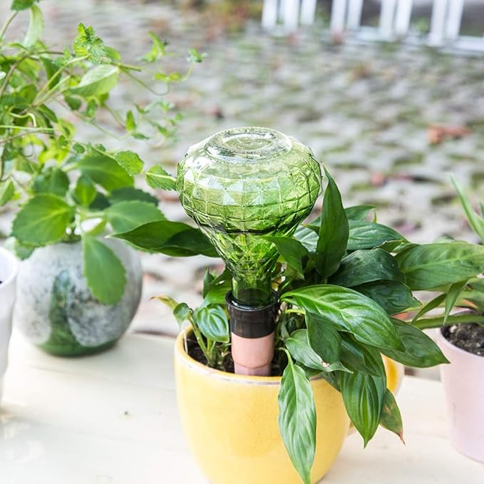Glass Mini Watering Can Vintage Plant Mister Flower Water Spray Bottle and Faceted Glass Plant Watering Globe with Terracotta Spike, Plant Watering Gift Set,Green