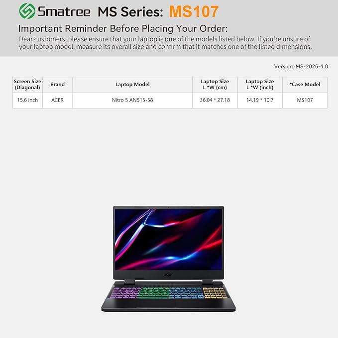 Smatree MS107 Hard EVA Protective Sleeve Case with Stand Compatible for 15.6 inch Acer Nitro 5 Gaming Laptop-AN515-58-552Y/78BT/781P/71J9/74TL