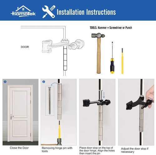 HOMOTEK Heavy Duty Hinge Pin Door Stopper - 20 Pack with Adjustable White Rubber Bumper Tips | 2-1/2x1-3/4 Inch