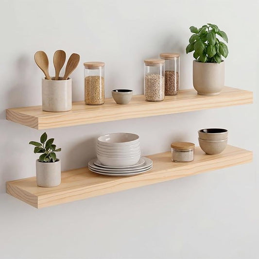 Homeforia 30 inch Natural Floating Shelf, High End Solid Real Wood 30inch Small Floating Shelves for Wall Mounted, Natural Wooden Floating Shelves, Heavy Duty Bracket, 30 X 6.5 X 1.75 in, Set of 3