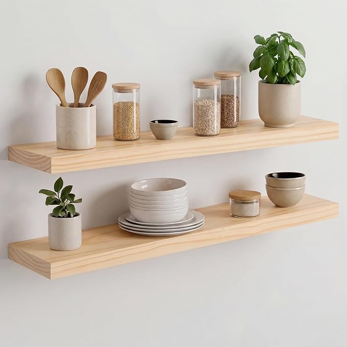 Homeforia 30 inch Natural Floating Shelf, High End Solid Real Wood 30inch Small Floating Shelves for Wall Mounted, Natural Wooden Floating Shelves, Heavy Duty Bracket, 30 X 6.5 X 1.75 in, Set of 4