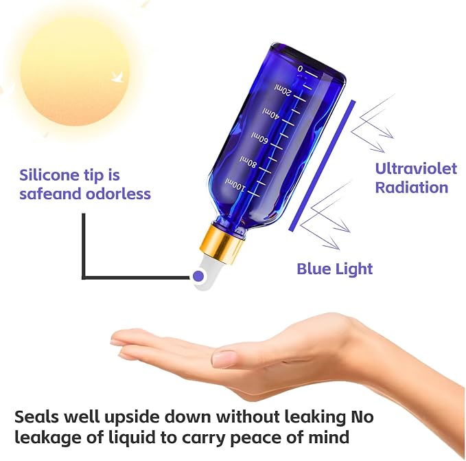 Blue Glass Dropper Bottle 3.4 oz, 2x100ml Blue Glass Eye Dropper Bottles for Essential Oils with Dropper Pipettes, Funnel, and A Plastic Measured Dropper for Diffuser, Beauty Oil Mix