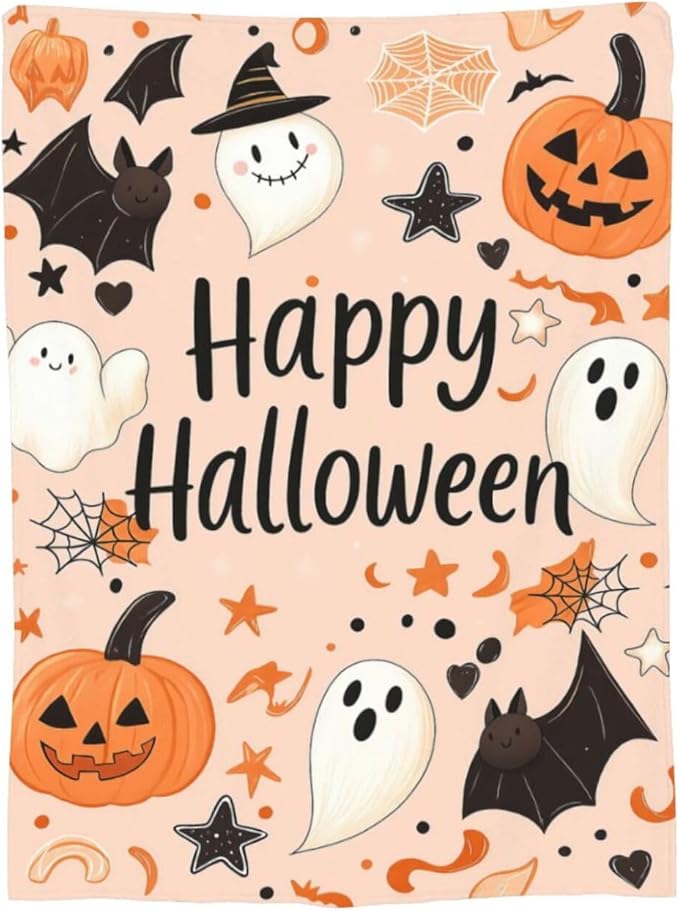 Happy Halloween Blanket Pumpkin Throw Blanket Pink Cute Bat Ghost Soft Cozy Fleece Fuzzy Stuffed Plush Flannel Gifts for Girls Women Boys Kids Adults 40''x50''