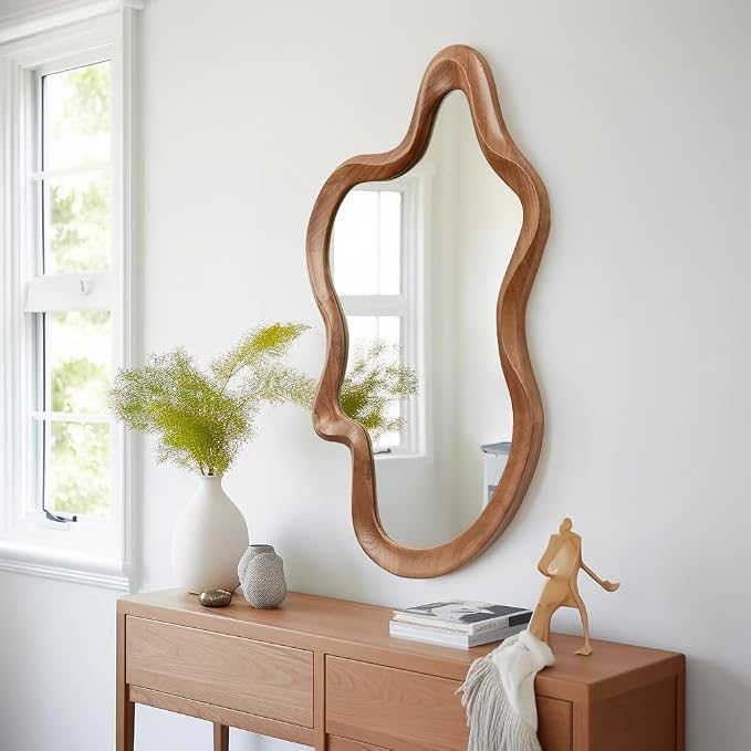 sawsile Irregular Wall Mirror,21""x 32""Asymmetrical Mirror Wood,Wooden Framed Wall Mirror,Modern Large Vanity Bathroom Mirror,Walnut Wavy Mirror for Entryway,Bedroom,Living Room,Washroom, Brown a