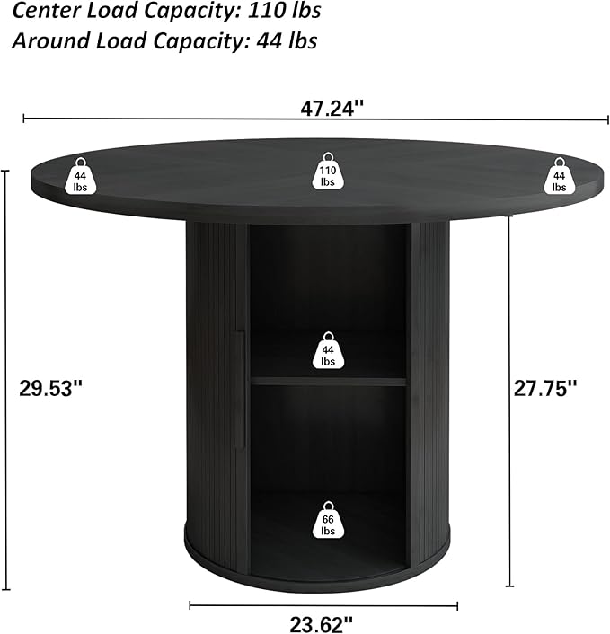 weselon 47 inch Round Dining Table for 4, Kitchen Table Dinner Table with 2-Layer Storage Shelf and Wood Slide Door for Home Dining Room Living Room (Black)