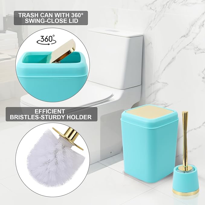XLHOMO Teal Bathroom Accessories Set - 10 Piece Bathroom Accessory Set with Trash Can, Soap Dispenser, Soap Dish, Toothbrush Holder and Cup, Toilet Brush, Qtip Holder, Bathroom Decor Sets Complete