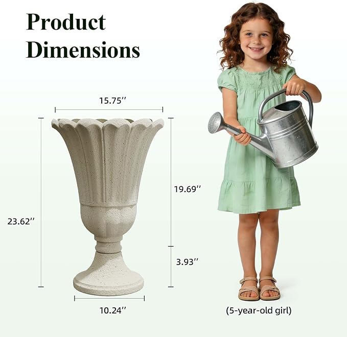 Tall Plastic Urn Planters for Outdoor Plants Set of 2-23.6" H Classic Petal Design Indoor Large Flower Pots with Drainage Holes, Outdoor Planters for Porch Decor/Garden Vase, Beige/Off White