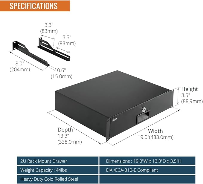Tecmojo 2U Rack Drawer,Rack Mount Drawer for 19in Network Equipment/Server/AV Rack or Cabinet Enclosure,Sliding and Lockable Server Rack Drawer - Load-Bearing 44lb (20kg),with Cable Management Holes