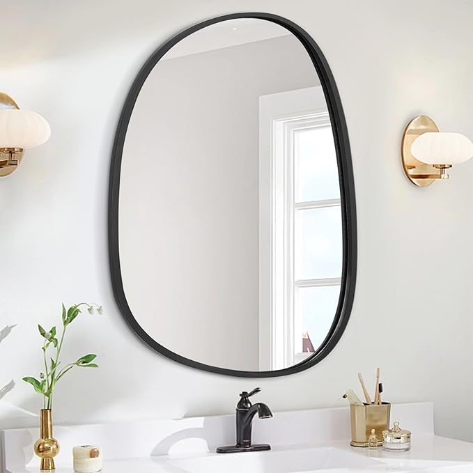 Asymmetrical Decorative Black Mirror for Wall Large Modern Oval Wooden Framed Wall Mirror Unique Shape Wall Mounted Vanity Artistic Wavy Mirror for Living Room Bedroom Bathroom Entryway 26"x18"