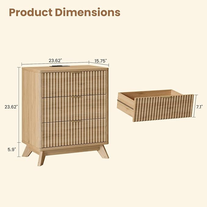 30" Tall Fluted NightStand Set of 2,Modern Side Table with Storage, 3 Drawers End Table with Charging Station,Night Stand Wood Bedside Tables for Bedroom,Curved Profile Design,Natural Oak