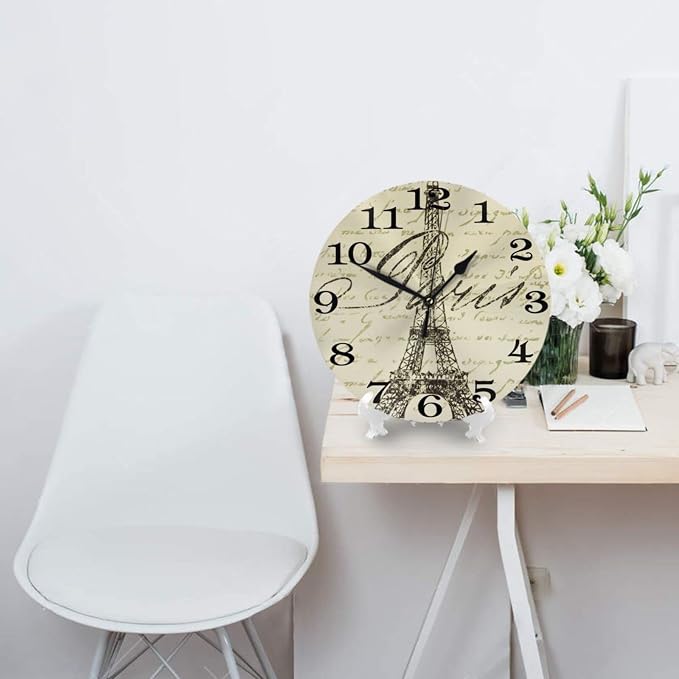 Vintage Eiffel Tower Wall Clock Battery Operated Silent Round Clock Paris Theme Wall Decor for Home Office School, 12 Inch