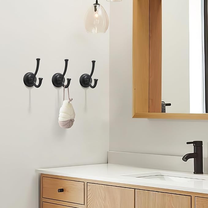 TUNNY Towel Hook Bathroom-2 Pack Matte Black Double Robe/Towel Hook Wall Mounted Hook for Bathroom Bedroom Kitchen