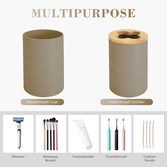 4 PCS Beige Bathroom Accessories Set, Includes a Soap Dispenser, Toothbrush Holder, Soap Dish and Mouthwash Cup, Plastics & Bamboo Bathroom Set, Bohemian Style Bathroom Sink Set