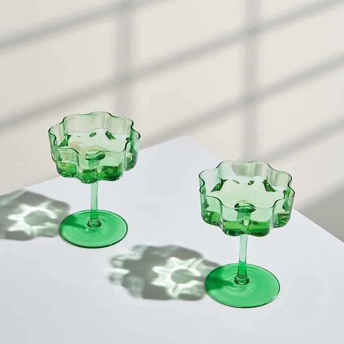 Flower Scalloped Vintage Wavy Petals Wave Glass Coupes 7oz Colorful Martini, Champagne & Cocktails, 2 Sage Green Set Amber Rippled Champagne Glasses, Elegant Bar Glassware, Aesthetic Coupe Glassware