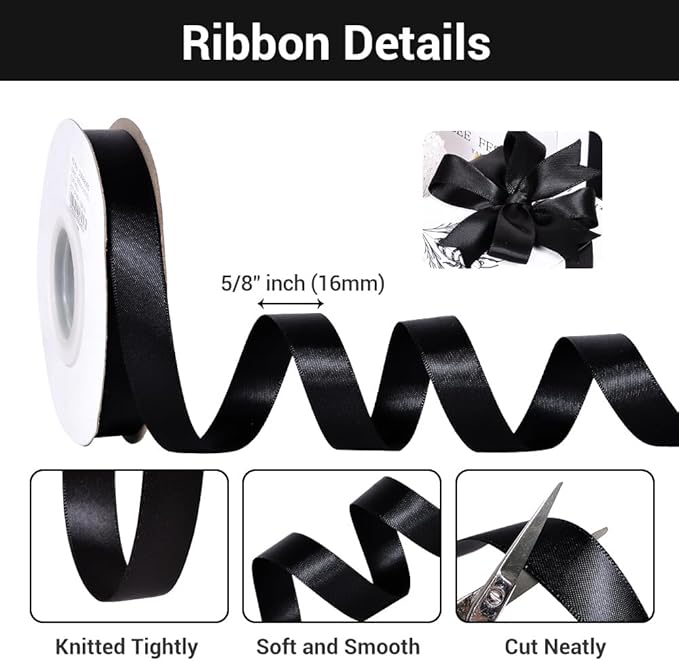 YAMA Black Double Face Satin Ribbon 5/8" 25 Yards Black Ribbon for Gift Package Wrapping,Floral Design,Hair Bow Clip Making,Crafting,Sewing,Wedding Decor
