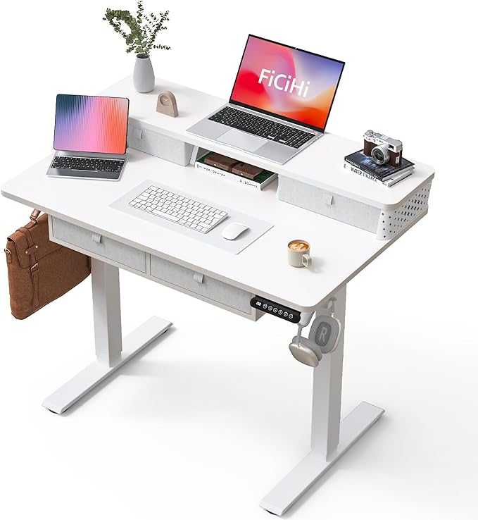 FiCiHi Adjustable Height Standing Desk with 4 Drawers,40 x 24 inches Electric Sit Stand Home Office Desk with Two Tiers, 3 Memory Presets, Monitor Stand Riser, C-Clamp Mount Compatible