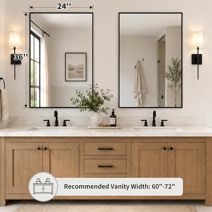 2-Pack 24"x36" Matte Black Bathroom Mirror, Thin Metal Frame, Heavy-Duty Rectangular Vanity Mirror for Over Sink, HD Shatterproof Glass, Modern Farmhouse & Industrial Style