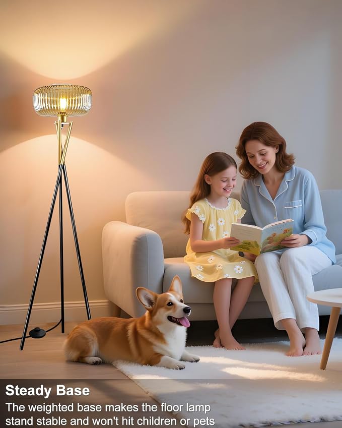 Lightdot Glass Tripod Floor Lamp for Living Room, Modern Gold&Black Standing Lamp with Ribbed Brown Glass Shade, Arc Tall Lamp for Bedroom/Reading Room/Sofa Beside/Corner Decor (Bulb Included)