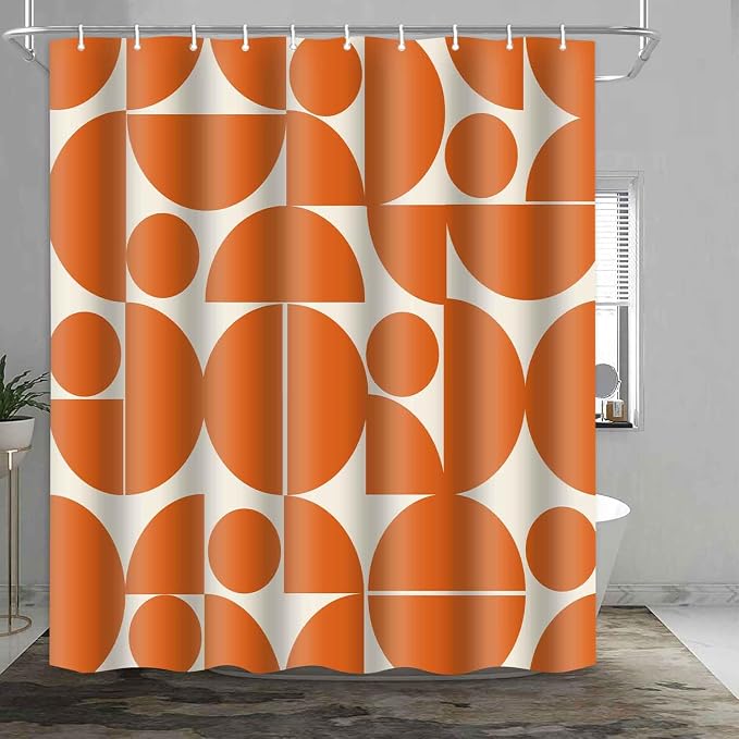 Vintage Orange Mid Century Modern Shower Curtain Boho Abstract Geometric Art Shower Curtains for Bathroom Decor 60x72 Inch 70s 80s Retro Washable Fabric Bathroom Set with 10 Hooks