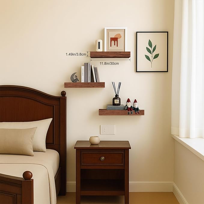 Floating Shelves, Walnut-Like Wooden Set of 3 Wall Mounted Bathroom Shelves Over Toilet, Modern Small Hanging Shelves for Bedroom Living Room Kitchen Rustic Home Decor, 12" x 7" x 1.5"