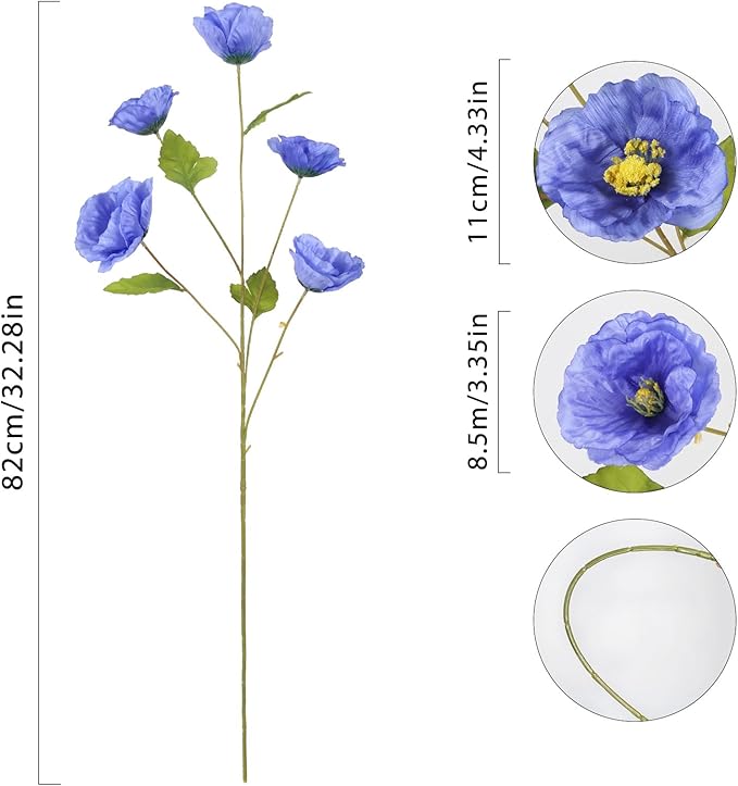 6PCS Poppy Artificial Flowers Silk Flowers 32in Artificial Poppies Royal Blue Flowers for Wedding Home Party Table Centerpiece Arrangement Decoration (Royal Blue)