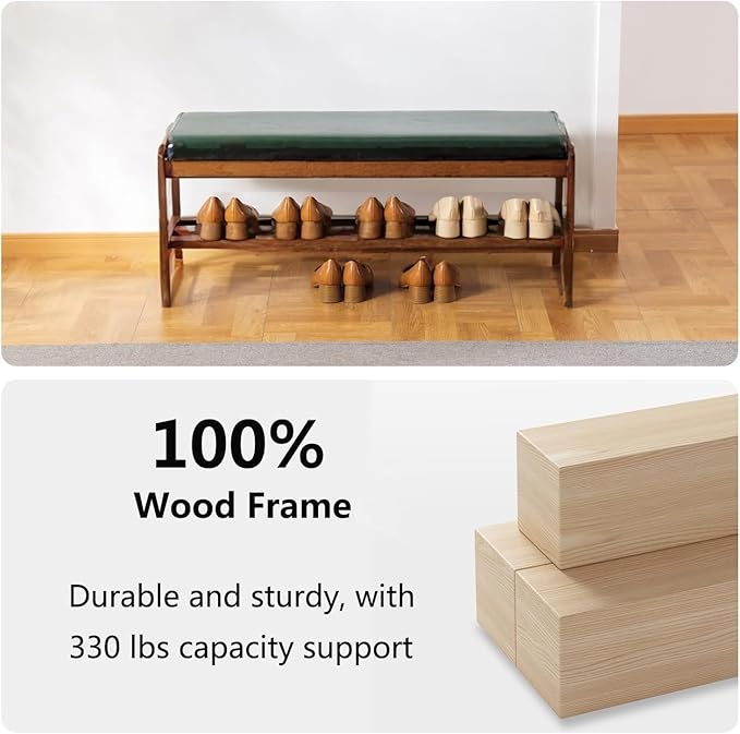 SOBIBO Solid Wood Shoe Bench, 2-Tier Wooden Entryway Bench, Modern Shoe Rack with Faux Leather Cushion for Hallway, Living Room (Green, 39.4'')