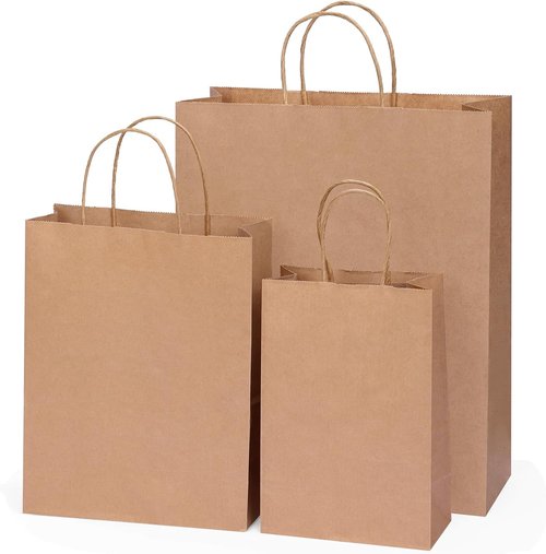 OUTUXED Brown Paper Bags with Handles - 100pc Assorted Sizes for Parties, Retail & Events