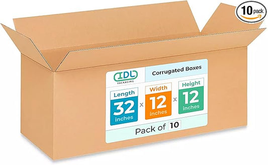 Long Shipping & Moving Boxes 32x12x12 inches (10-Pack) - Extra Strength 200 lb vs Regular - Corrugated Packing Boxes for USPS/UPS/FEDEX - Cardboard Box for Delivery - Long Box by IDL Packaging