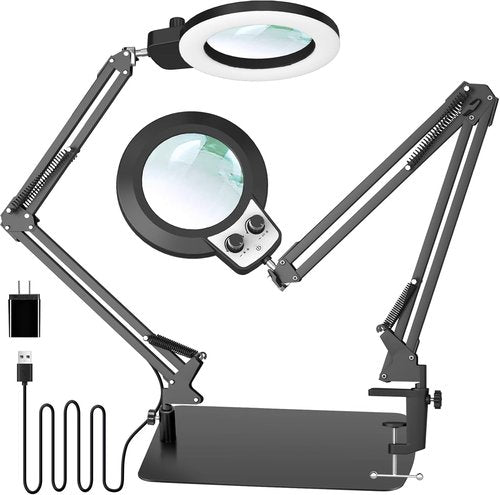 KIRKAS 12X Magnifying Glass with Light - 2-in-1 Desk Lamp with Stepless Brightness & Clamp