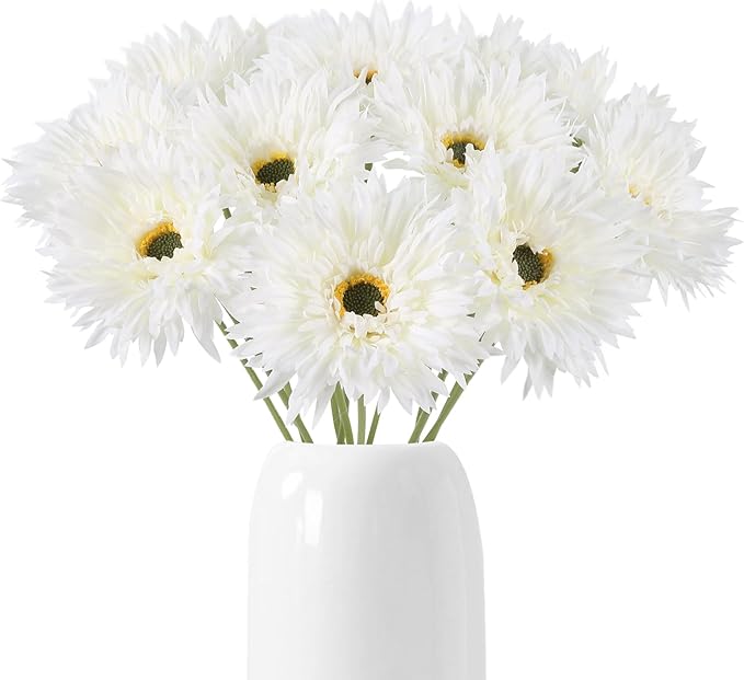 12pcs Gerbera Daisy Artificial Flowers 17.7’’ White Faux Daisies Silk Flowers with Stems for Wedding Bouquet Home Party Garden Outdoor Decoration(White)