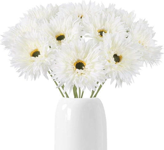 12pcs Gerbera Daisy Artificial Flowers 17.7’’ White Faux Daisies Silk Flowers with Stems for Wedding Bouquet Home Party Garden Outdoor Decoration(White)