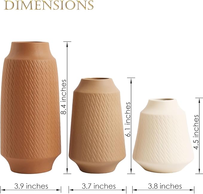Ceramic Vase Set of 3 - Handcrafted Ceramic Vases for Home Decor & Shelf - Modern Farmhouse Decor for Kitchen, Office, Bedroom & Living Room Decorative Objects for Mantel, Table Centerpieces