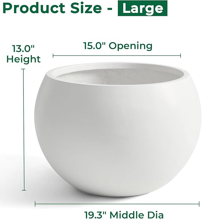 Fiberstone Sphere Planter, 19.3" Dia x 13" H Large Flower Pot with Drainage Hole and Silicone Plug, Round Plant Container for Indoor or Outdoor, 15" Opening, Large White
