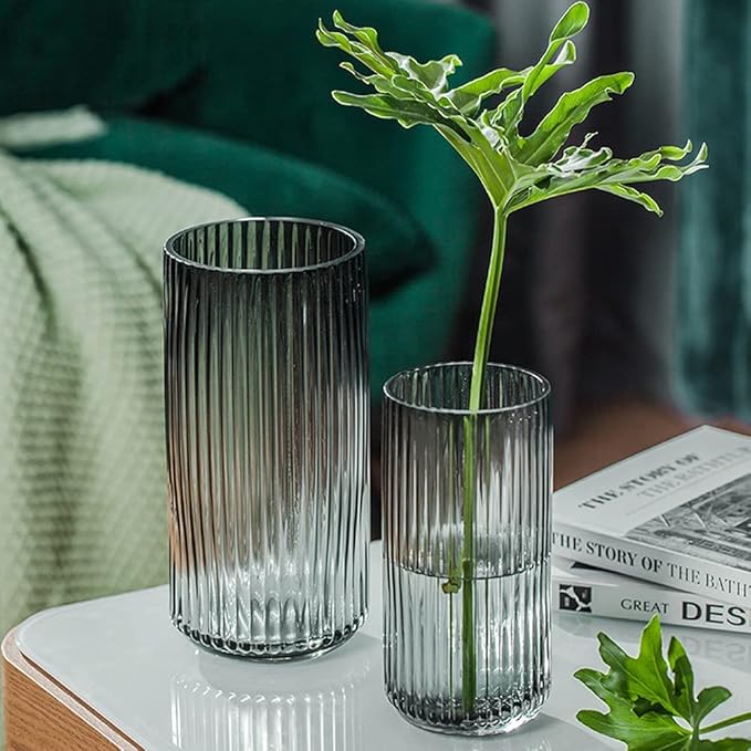 Muyan 9.8" Flower Vase for Decor Ribbed Glass Vase Modern for Centerpieces Desktop Home Office Dining Living Room Wedding (Gray)