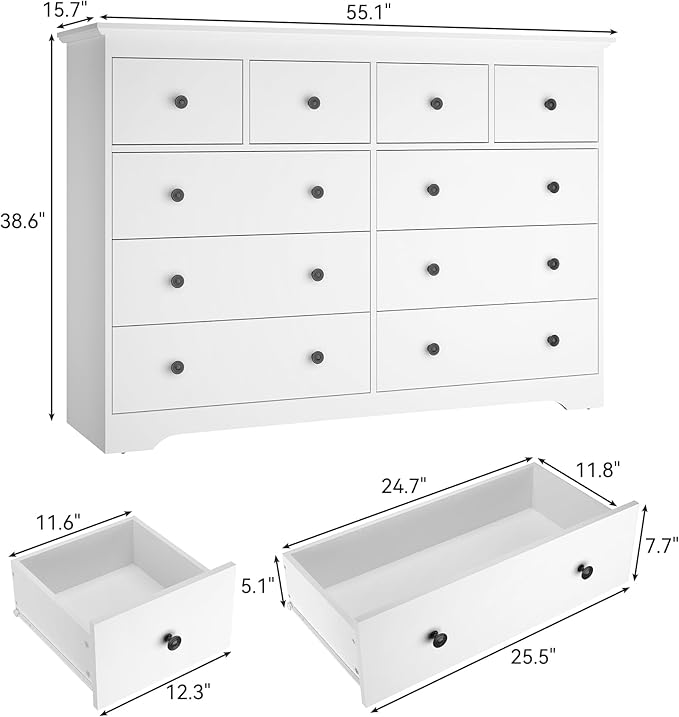 White Dresser for Bedroom，55" Wide 10 Drawers Dressers,Modern Wooden Chest for Living Room, Hallway