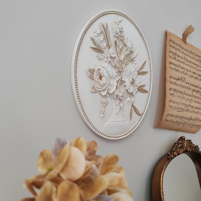 SIKOO Vintage Wall Sculptures White Flower Wall Art Hand Painted Ornate Wall Hanging Decoration Antique Pediment Wall Statue Ornament Decor Gallery for Kitchen Bedroom Living Room