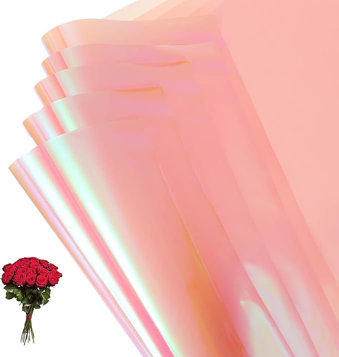 PATIKIL 22.8 x 22.8 Inch Flower Wrapping Paper, 20 Pcs Iridescent Double Sided Plastic Bouquet Packaging Waterproof Florist Supplies DIY Crafts Gift Packaging Gift Box Wedding, Pink