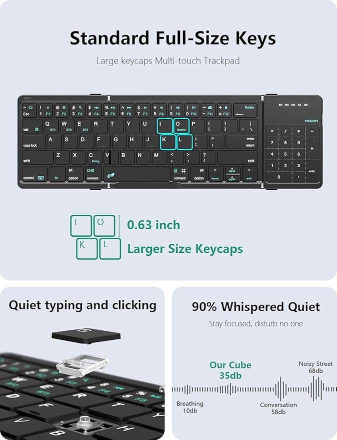 Nillkin Foldable Bluetooth Keyboard with Touchpad & Number Pad, Portable Bluetooth Keyboard with Full Size Keys, Pocket-Sized Wireless Travel Keyboards for iPad, Smartphone, Tablet and Laptop Black