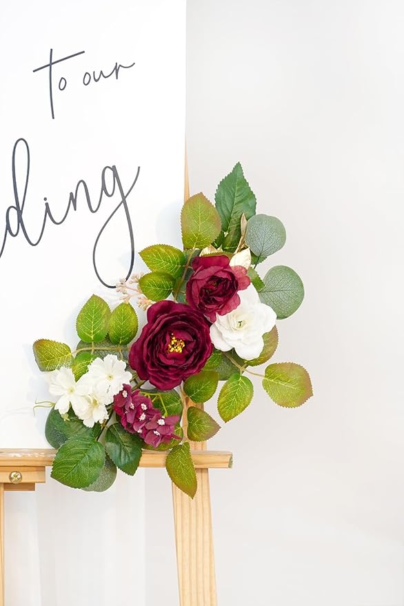 WEIERYUE(Pack of 2 Artificial Flowers Decorations,Artificial Arch Backdrop Garlandfor Ceremony Party Reception Entrance Welcome Easel Door Floral Decor Wall Home Entryway Outdoor(Wine red)