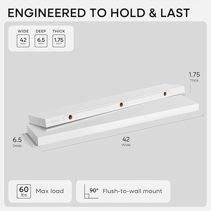 Homeforia White Floating Shelves 42 inch, High End Solid Real Wood 42inch Floating Shelf for Wall Mounted, White Wooden 42in Long Floating Shelves, Heavy Duty Bracket, 42 X 6.5 X 1.75 inches, Set of 3
