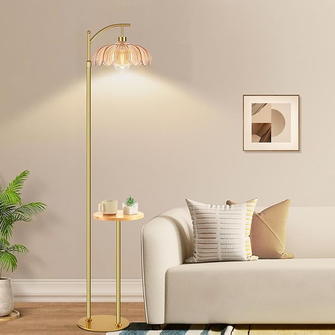 QIYIZM Gold Floor Lamp with Table and Shelves for Living Room Bedroom,Glass Standing Lamp with Remote Dimmable,Boho Brass Tall Lamp Vintage Farmhouse Arc Flower Floor Light Bohemian