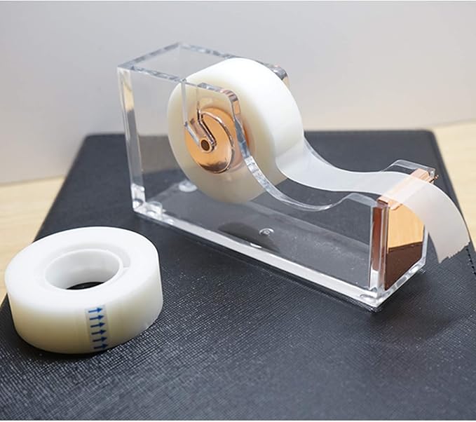 KIDMEN Office Tape Dispenser,Transparent Acrylic Tape Dispenser-Rose Gold