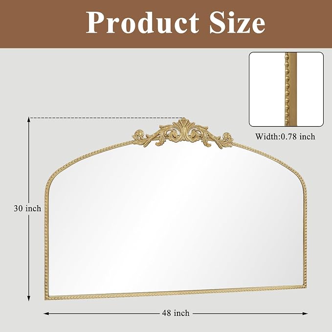 Vintage Gold Arched Mirror 48"X30", Large Victorian Antique Baroque Mantel Wall Mirror with Ornate Metal Frame for Entryway/Fireplace/Living Room/Hallway/Bathroom/Bedroom